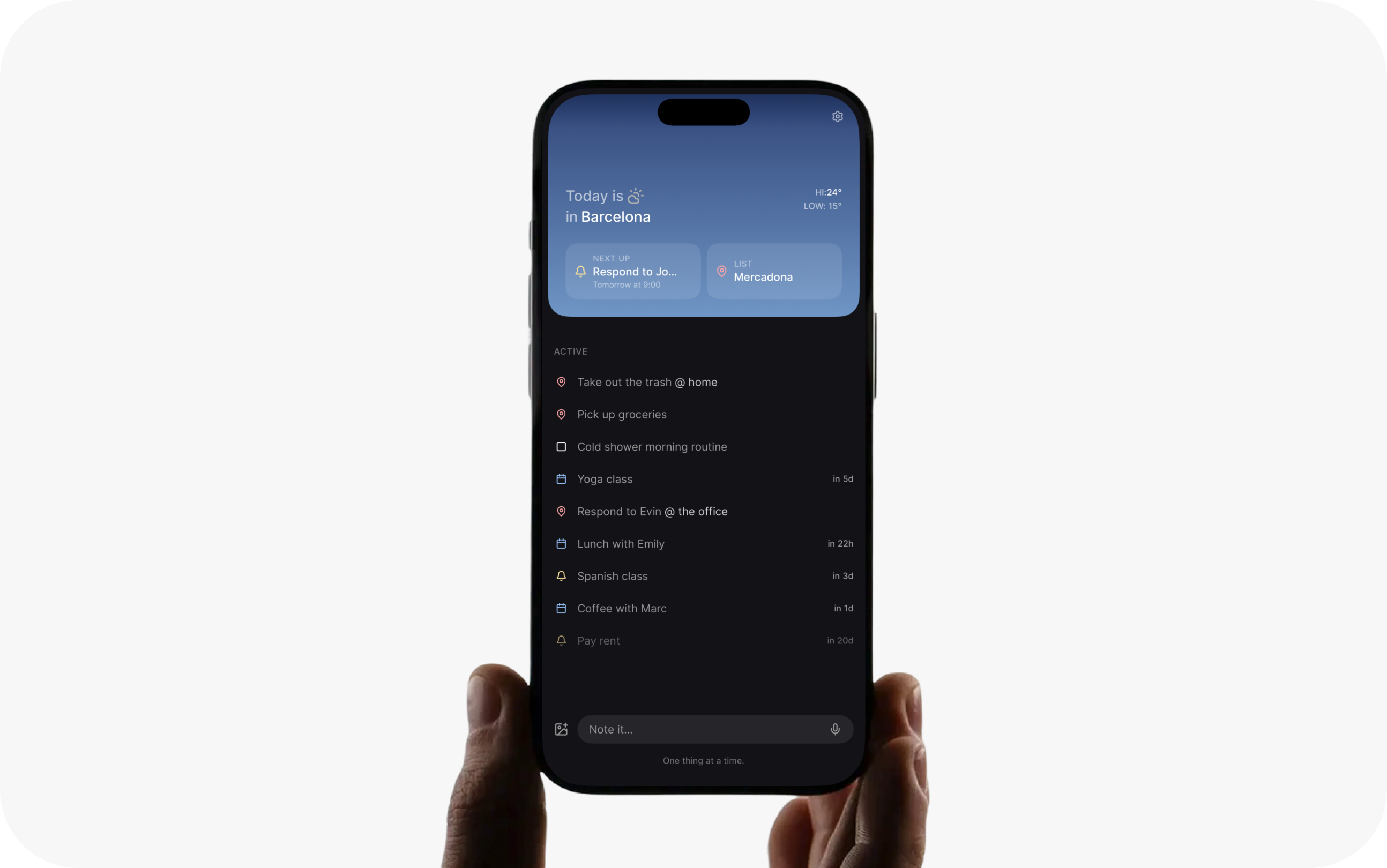 IntentOS app showing context-aware tasks for today in Barcelona